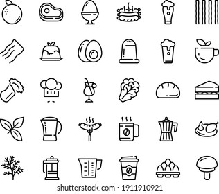 Food line icon set - meat, green tea, coffee to go, chef hat, basil, panna cotta, sausage on fork, french press, pot, irish, chicken, roasted sausages, beaker, egg stand, eggs yolk, pack, cup, bread