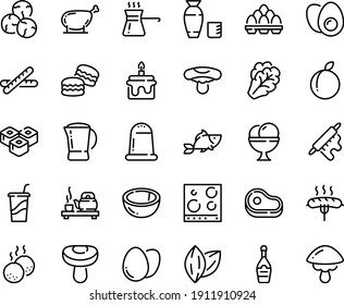 Food line icon set    meat  drink to go  fish  tea ceremony  sushi roll  rice vodka  champagne  ice cream  coffee pot  sausage fork  chicken leg  meatballs  rolling pin  stove top view  egg  pack