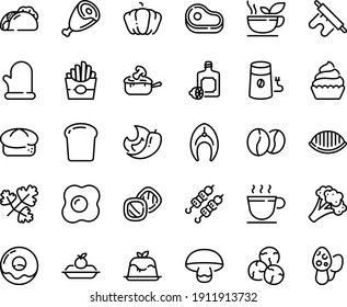 Food line icon set - meat, french fries, tacos, kebab, lemoncello, panna cotta, bread, ham, donut, charlotte cake, cupcake, julienne, coffee cup, mill, beans, fish steak, cooking glove, omelette