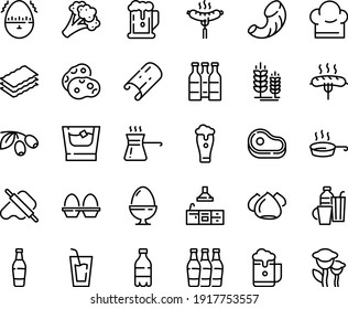 Food line icon set - meat, beer, milk bottle, drink, dough and rolling pin, olives, sausage on fork, spike, meringue, chef hat, pan, kitchen, egg stand, timer, drinks, turkish coffee, whiskey, glass
