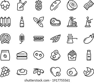 Food line icon set - meat, spike, sandwich, french fries, basil, olives, pretzel, omelette, coffee love, pack, sowbelly, ribs, knife board, turkish, milk bottle, champagne, bread, sanwich, hop, peas