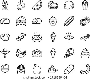 Food line icon set - meat, hot dog, french fries, burito, ice cream horn, cheese, fork with pasta, salami, sausage on, ketchup, meringue, cupcake, julienne, cutlet, meatballs, tacos bread, cookies