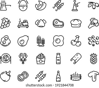 Food line icon set - meat, french fries, tea ceremony, kebab, lobster, olives, bread, spike, omelette, cheese plate, meringue, roasted sausages, egg timer, turkish coffee, milk bottle, champagne