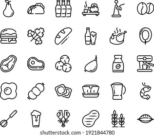 Food line icon set - meat, tacos, lunch box, tea ceremony, shrimp, lobster, ravioli, burger, sausage, fried chicken, instant coffee, machine, beans, pot, steak, whisk, omelette, bread, beer cup, tap
