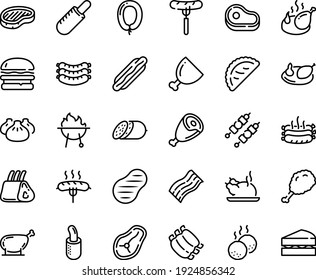 Food line icon set - meat, hot dog, burger, sausage on fork, fried chiken leg, french, dim sum, chinese chicken, calsone, salami, sausages, steak, ham, ribs, kebab, roasted, sowbelly, meatballs, bbq