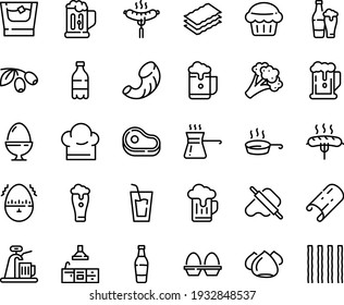 Food line icon set - meat, beer, milk bottle, drink, dough and rolling pin, olives, sausage on fork, meringue, chef hat, pan, kitchen, egg stand, timer, turkish coffee, mug, whiskey, muffin, glass