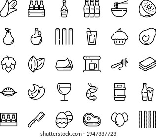 Food line icon set - meat, cupcake, drink, funchose, shrimp, fork with pasta, olive oil, pate can, champagne, wine glass, coffe maker, chef knife, eggs, easter egg, beer pack, box, hop, keg, bottles