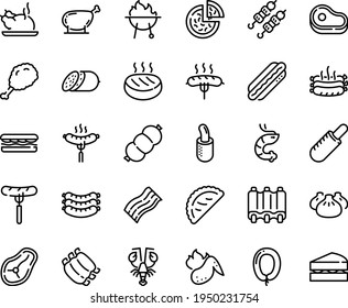 Food Line Icon Set - Meat, Sandwich, Pizza, Sausage On Fork, Fried Chiken Leg, French Hot Dog, Dim Sum, Chinese Chicken, Shrimp, Kebab, Lobster, Calsone, Salami, Sausages, Ribs, Roasted, Cutlet, Bbq