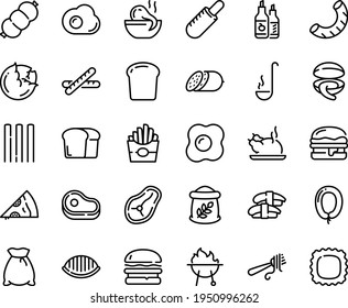 Food line icon set - meat, burger, french fries, pizza piece, hot dog, octopus soup, clam, sashimi, chinese chicken, fork with pasta, salami, ketchup, sausage, steak, bbq, ladle, omelette, bread