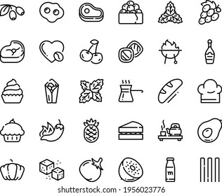 Food Line Icon Set - Meat, Cupcake, Burito, Hot Pepper, Tea Ceremony, Gunkan, Olives, Champagne, Coffee Love, Refined Sugar, Bbq, Chef Hat, Omelette, Turkish, Milk Bottle, Bread, Sanwich, Cookies