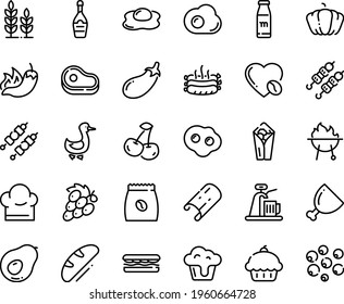 Food Line Icon Set - Meat, Cupcake, Sandwich, Burito, Hot Pepper, Kebab, Champagne, Goose, Coffee Love, Pack, Ham, Roasted Sausages, Bbq, Chef Hat, Omelette, Milk Bottle, Bread, Wheat, Beer Tap