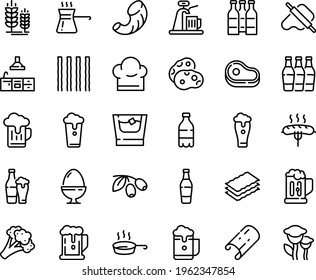 Food line icon set - meat, beer, milk bottle, dough and rolling pin, olives, spike, sausage on fork, chef hat, pan, kitchen, egg stand, turkish coffee, mug, whiskey, glass, cup, foam, tap, bottles