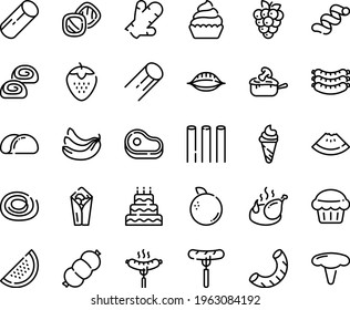 Food line icon set - meat, watermelon piece, burito, sausage on fork, ice cream, sausages, fried chicken, bakery, cupcake, julienne, big cake, muffin, tacos bread, cookies, banana, strawberry
