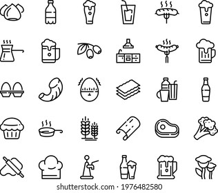Food line icon set - meat, beer, milk bottle, drink, dough and rolling pin, olives, sausage on fork, spike, meringue, chef hat, pan, kitchen, egg stand, timer, drinks, turkish coffee, muffin, glass