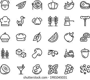 Food line icon set - meat, cupcake, sausage on fork, hot pepper, tea ceremony, olives, bread, omelette, acorn, cheese plate, meringue, bakery, goose, refined sugar, chef hat, egg timer, cocktail