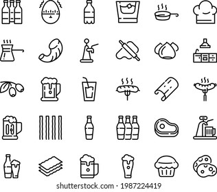 Food line icon set - meat, beer, milk bottle, drink, dough and rolling pin, olives, sausage on fork, meringue, chef hat, pan, kitchen, egg timer, turkish coffee, mug, whiskey, muffin, glass, foam