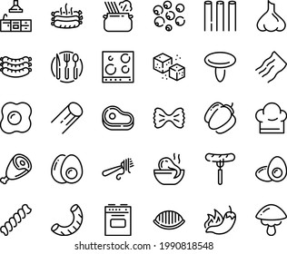 Food Line Icon Set - Meat, Sausage On Fork, Hot Pepper, Octopus Soup, With Pasta, In Pan, Sausages, Ham, Refined Sugar, Roasted, Chef Hat, Kitchen, Spoon Knife Plate, Stove, Top View, Omelette, Egg