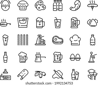 Food line icon set - meat, beer, milk bottle, drink, dough and rolling pin, olives, meringue, sausage on fork, chef hat, pan, kitchen, egg stand, timer, turkish coffee, mug, whiskey, muffin, glass