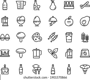 Food line icon set - milk bottle, basil, wine, spike, dish dome, ice cream, french press, coffee capsule, kebab, beaker, egg stand, champagne, paper cup, baguette, cake, pancake, beer, pack, pear