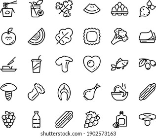 Food line icon set - milk bottle, watermelon piece, hot dog, drink to go, octopus soup, chinese pasta, lemoncello, olives, pate can, butter knife, fish steak, love egg, pack, smoothies, beet, onion