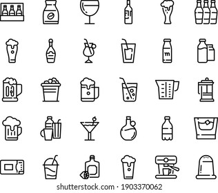 Food line icon set - milk bottle, drink, lemoncello, olive oil, beer glass, champagne, wine, cocktail, french press, instant coffee, irish, machine, bootle and pack, microwave oven, beaker, drinks