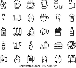 Food line icon set - milk bottle, rice vodka, lemoncello, olive oil, coffee cup, pretzel, tank, champagne, cocktail, beans, bootle and pack, pot, ribs, beaker, broaken egg, thermo flask, beer mug