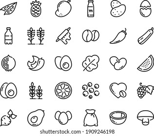 Food line icon set - milk bottle, grape, coffee love, beans, rolling pin, broaken egg, eggs yolk, flour bag, spikes, wheat, potato, beet, peas, pepper, salad leaf, squash, citrus, watermelon, mango
