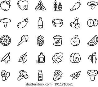 Food line icon set - milk bottle, lemoncello, coffee love, beans, rolling pin, eggs yolk, flour bag, wheat, peas, arugula, broccoli, pepper, tomato, eggplant, salad leaf, cherry, citrus, coconut