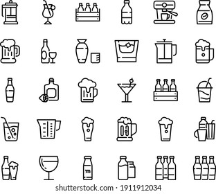 Food line icon set - milk bottle, rice vodka, lemoncello, wine, beer mug, box, glass, cocktail, french press, instant coffee, irish, machine, bootle and pack, beaker, drinks, soda, whiskey, cup