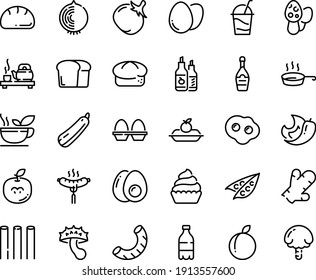 Food line icon set - milk bottle, tea ceremony, sausage on fork, bread, ketchup, champagne, charlotte cake, cocktail, cupcake, pan, egg, stand, omelette, eggs yolk, green, peas, tomato, squash, plum