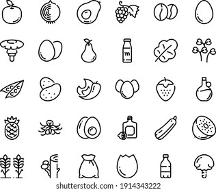 Food line icon set - milk bottle, lemoncello, olive oil, grape, coffee beans, egg, broaken, eggs, yolk, flour bag, spikes, potato, peas, salad leaf, squash, strawberry, pear, kiwi, apple fruit