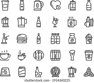 Food line icon set - milk bottle, coffee to go, green tea, pot, cup, wine, burger, beer barrel, glass, french press, iced, instant, irish, love, capsule, fork spoon knife plate, drinks, kettle, soda