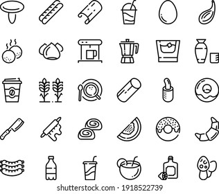 Food line icon set - milk bottle, donut, coffee to go, drink, rice vodka, lemoncello, pot, sausages, croissant, baguette, cocktail, french hot dog, meringue, bakery, coffe maker, top view, meatballs