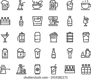 Food line icon set - milk bottle, drink to go, coffee cup, beer box, tank, glass, champagne, cocktail, irish, machine, french press, turkish, green tea, thermo flask, mug, paper, whiskey, ice bucket