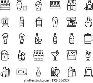 Food line icon set - milk bottle, rice vodka, lemoncello, olive oil, wine, beer glass, champagne, cocktail, french press, irish coffee, machine, bootle and pack, microwave oven, drinks, mug, whiskey