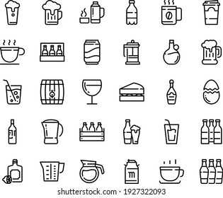 Juego de iconos de línea de alimentos - botella de leche, bebida, limoncello, aceite de oliva, taza de café, taza de cerveza, caja, tanque, champán, vaso de vino, prensa francesa, olla, panadería, huevo de brocado, matraz de termo, soda, papel, sándwich