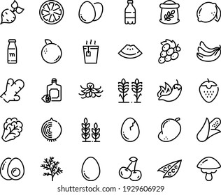 Food line icon set - milk bottle, watermelon piece, hot pepper, tea, lemoncello, egg, broaken, eggs yolk, flour bag, spikes, wheat, beet, corn, peas, arugula, cherry, banana, citrus, strawberry, cep