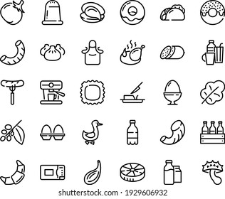 Food line icon set - milk bottle, tacos, sausage on fork, donut, dim sum, oyster, salami, fried chicken, croissant, goose, butter knife, coffee tree, machine, bootle and pack, apron, microwave oven