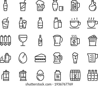 Food line icon set - milk bottle, drink to go, rice vodka, olive oil, coffee cup, beer mug, tank, wine glass, cocktail, french press, bootle and pack, pot, ribs, beaker, broaken egg, thermo flask