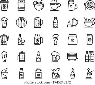 Food line icon set - milk bottle, coffee to go, pot, wine, tank, beer glass, champagne, cocktail, cheese plate, cup, mill, pack, fork spoon knife, french press, green tea, thermo flask, mug, coconut