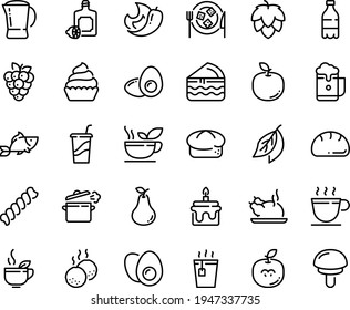Food line icon set - milk bottle, hot tea, drink to go, fish, green, chinese chicken, lemoncello, bread, cheese plate, cupcake, coffee cup, pot, meatballs, cooking pan, eggs yolk, egg, cake, piece