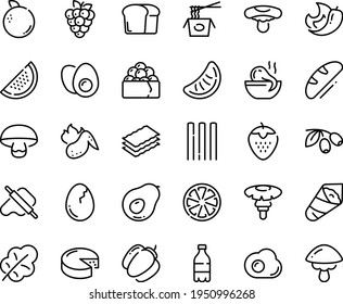 Food line icon set - milk bottle, octopus soup, chinese pasta, temaki, gunkan, dough and rolling pin, olives, cheese, hot chicken wing, broaken egg, eggs yolk, omelette, bread, bell pepper, citrus