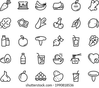 Food line icon set - milk bottle, drink, to go, octopus soup, chinese pasta, ravioli, pate can, coffee love, bootle and pack, egg, yolk, soda glass, pancake, potato, carrot, beet, corn, arugula, bay