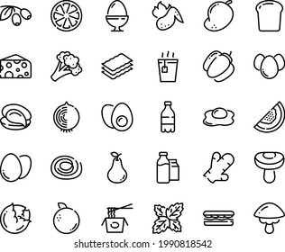 Food line icon set - milk bottle, sandwich, hot tea, chinese pasta, oyster, cheese, olives, bootle and pack, chicken wing, egg, stand, eggs yolk, omelette, bread piece, cabbage, broccoli, citrus