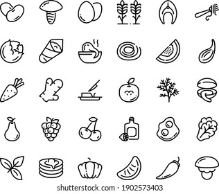 Food line icon set - octopus soup, clam, temaki, basil, fork with pasta, lemoncello, omelette, pancakes, butter knife, fish steak, egg, spikes, carrot, cabbage, arugula, pepper, pumpkin, beans, pear