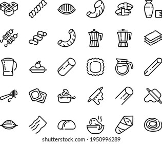 Food line icon set - octopus soup, sashimi, sushi roll, kebab, rice vodka, temaki, dough and rolling pin, fork with pasta, coffee pot, ravioli, charlotte cake, julienne, tacos bread, penne, fusilli