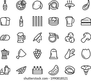 Food line icon set - oyster, pizza, salami, beer mug, box, champagne, pancakes, coffee top view, pot, ham, sausage on fork, rolling pin, broaken egg, thermo flask, wine bottle, bread, sanwich, corn