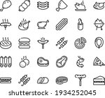 Food line icon set - pizza piece, burger, meat, sandwich, sausage on fork, fried chiken leg, chinese chicken, shrimp, kebab, salami, sausages, hot dog, steak, french, ham, cutlet, meatballs, bbq