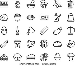 Food line icon set - pizza, coffee to go, shrimp, acorn, baguette, champagne, french press, pot, ham, knife board, fork spoon plate, microwave oven, egg stand, broaken, omelette, pack, bread, muffin