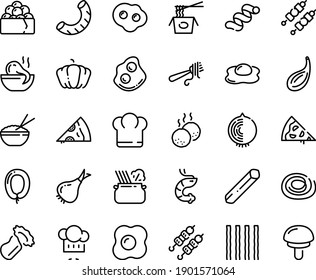 Food line icon set - pizza piece, chief hat, rice bowl, octopus soup, chinese pasta, shrimp, kebab, gunkan, chef, fork with, in pan, omelette, sausage, meatballs, onion, pumpkin, cardamon, penne